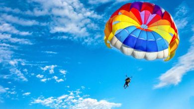 shutterstock 1018105807 rainbow colored parachute against a blue sky and cirrus clouds