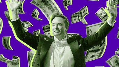 Photo illustration of Elon Musk surrounded by raining dollar bills.