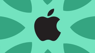 Green backdrop, black apple logo, apple leaves surrounding