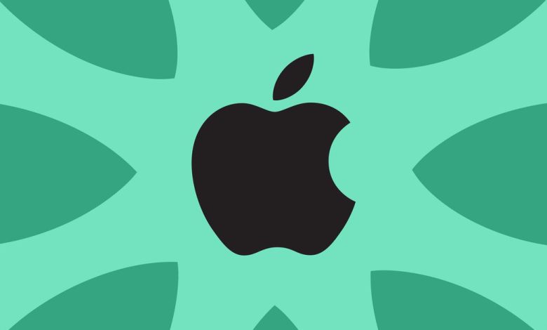 Green backdrop, black apple logo, apple leaves surrounding