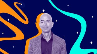 Jeff Bezos is surrounded by abstract squiggles, on a background of stars. His biceps are demurely squirreled inside a suit.