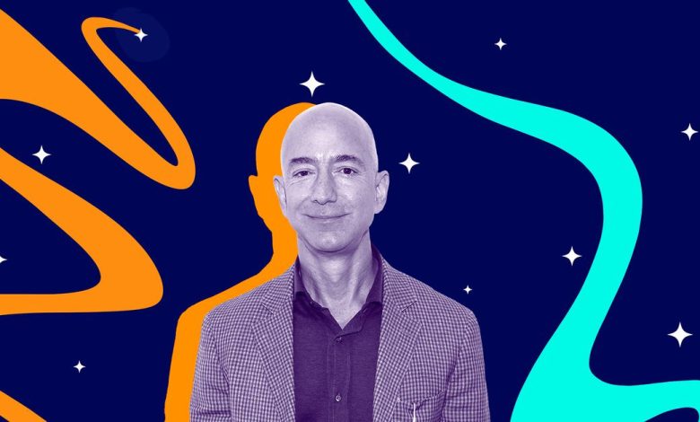 Jeff Bezos is surrounded by abstract squiggles, on a background of stars. His biceps are demurely squirreled inside a suit.