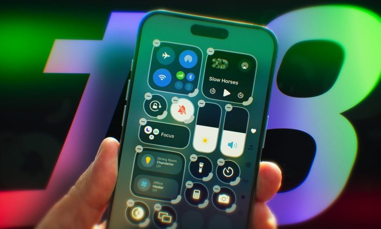 ios18 widgets on an iPhone screen with the number 18 in the background