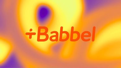 The orange Babbel logo over a yellow, orange and purple abstract background.