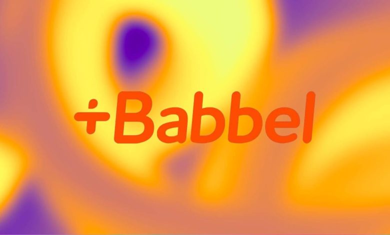 The orange Babbel logo over a yellow, orange and purple abstract background.