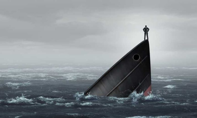 Sinking ship metaphor and failing business despair concept as a stranded businessman lost at sea as a failed corporate idea for financial crisis or being lost with 3D illustration elements.