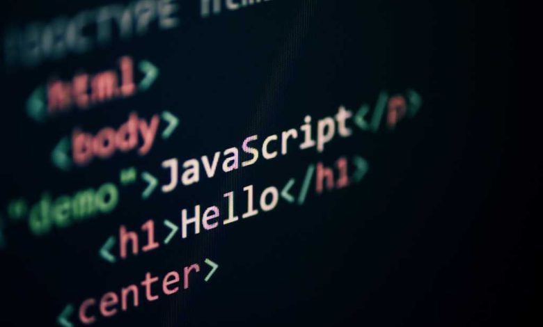 shutterstock 1361674454 JavaScript Hello code in programming text editor