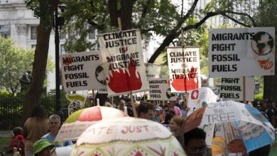 A crowd gathers with people carrying signs that say “climate justice is migrant justice” and “migrants fight fossil fuels.”