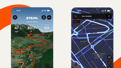 Two simulated screenshots of the Strava app showing the flyover and heat map features