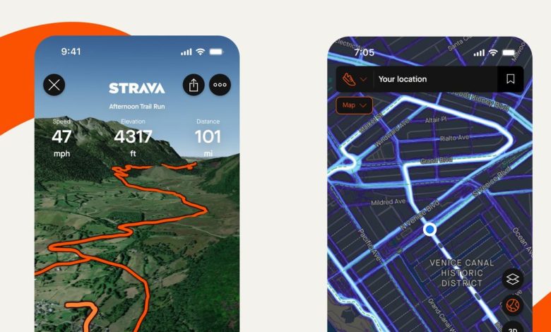 Two simulated screenshots of the Strava app showing the flyover and heat map features