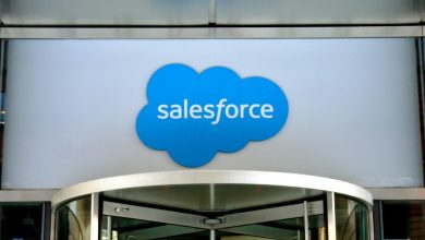 Close-up view of the logo at the entrance to the Salesforce office located at 111 West Illinois Street in Chicago, Illinois, January 2019.