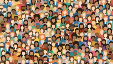 Multicultural Crowd of People. Group of different men and women. Young, adult and older peole. European, Asian, African and Arabian People. Empty faces. Vector illustration.