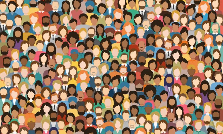 Multicultural Crowd of People. Group of different men and women. Young, adult and older peole. European, Asian, African and Arabian People. Empty faces. Vector illustration.