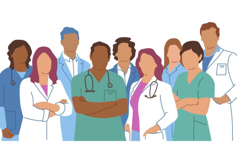 illustration of doctors and nurses standing together in different poses.