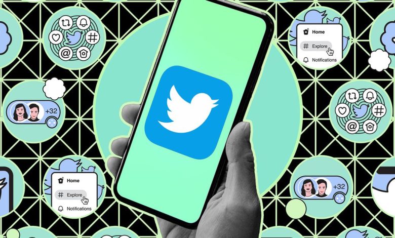 Hand holding phone with Twitter logo against an illustrated background