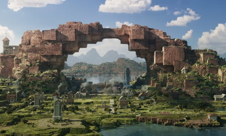 Still image from A Minecraft Movie showing a large stone archway looming over a village below.