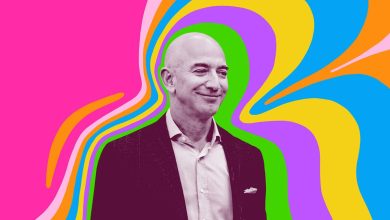 Art depicts Jeff Bezos surrounded by bright colors.