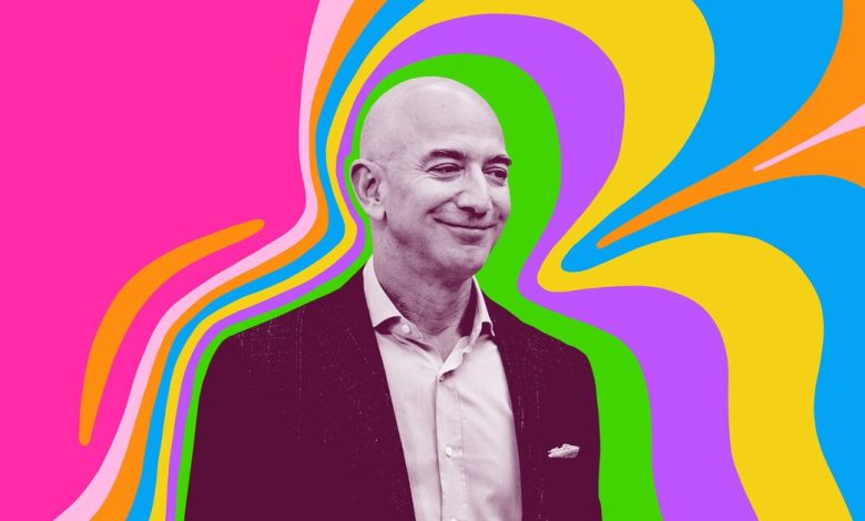 Art depicts Jeff Bezos surrounded by bright colors.