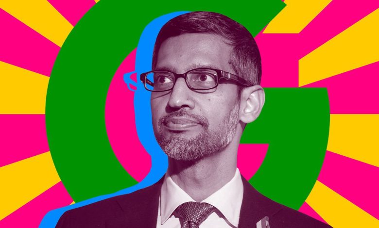 An image of Sundar Pichai in front of a Google logo