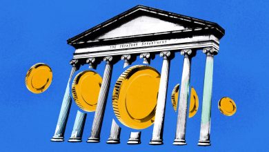 Illustration of coins passing through the pillars of the Supreme Court portico