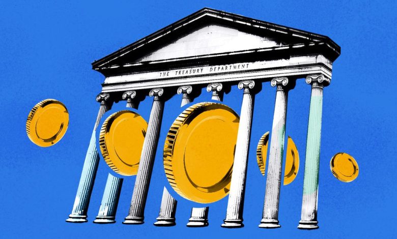 Illustration of coins passing through the pillars of the Supreme Court portico