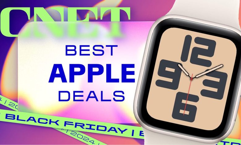 The CNET logo with the text "Black Friday Best Apple Deals" against an abstract purple and orange background with the "Apple" logo.