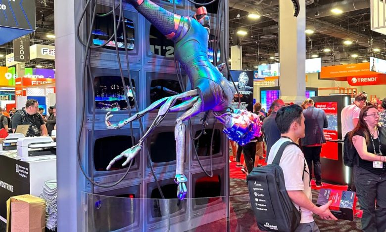 A statue of CrowdStrike’s action figure that represents the Scattered Spider cybercriminal group, seen at the Black Hat cybersecurity conference in August 2024.