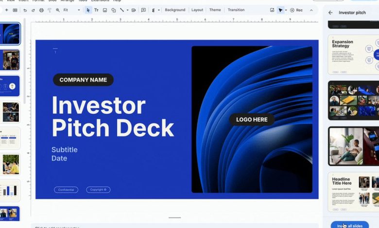 An example of an Investor Pitch Deck slide from a new Google Slides template.