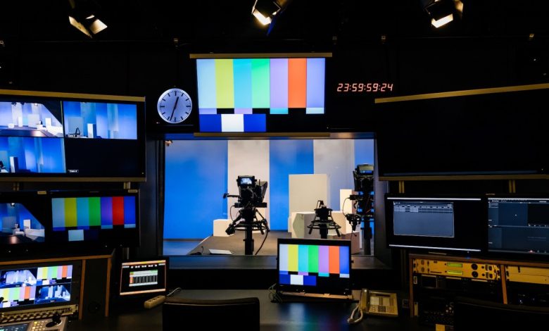 An array of tv and video equipment in a TV studio