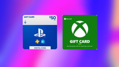 Two $50 gift cards for Playstation and Xbox displayed side by side against a gradient purple and pink background