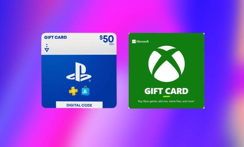 Two $50 gift cards for Playstation and Xbox displayed side by side against a gradient purple and pink background