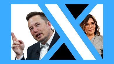 Graphic photo illustration of Elon Musk and Linda Yaccarino in the negative space around the X logo.