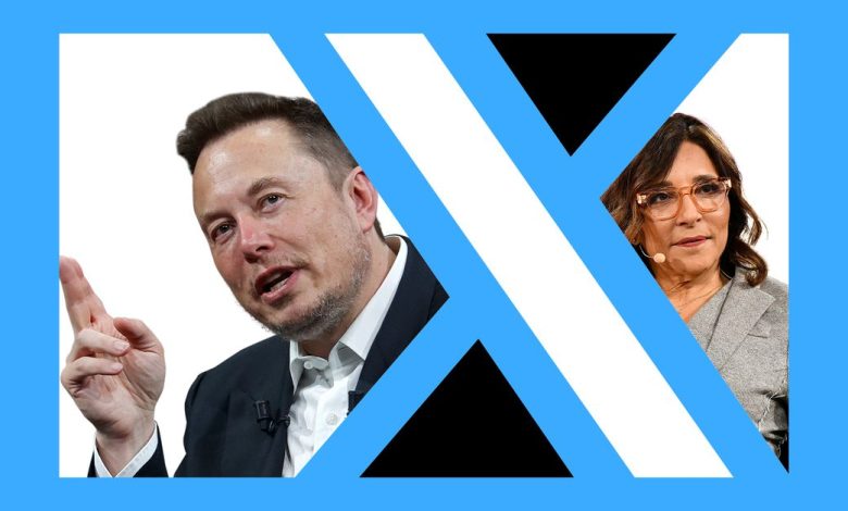 Graphic photo illustration of Elon Musk and Linda Yaccarino in the negative space around the X logo.