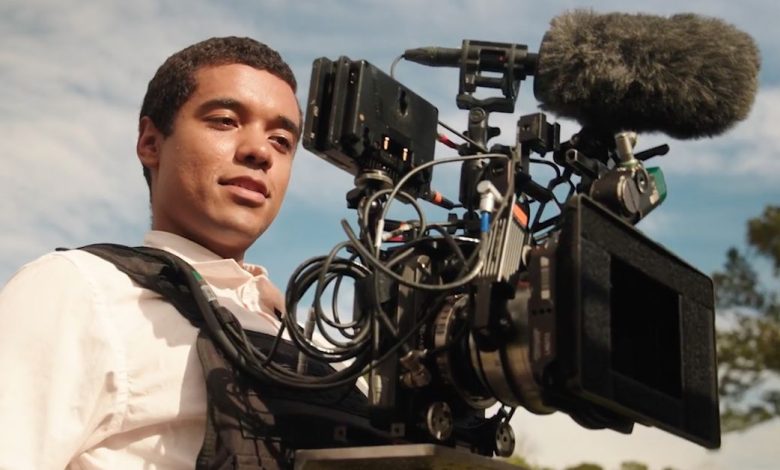 Image of actor Brandon Wilson wearing a first-person camera rig for Nickel Boys.