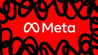 Meta logo on a red background with repeating black icons, giving a squiggly effect.