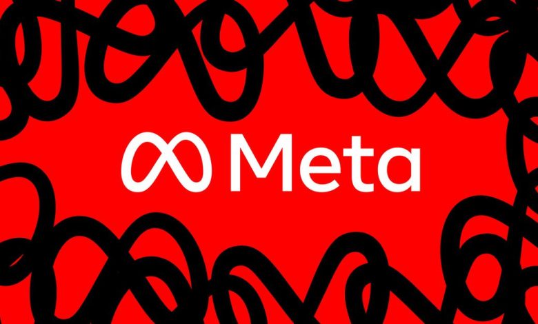 Meta logo on a red background with repeating black icons, giving a squiggly effect.