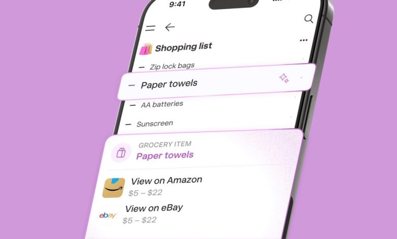 A screenshot of a shopping list showing paper towels.