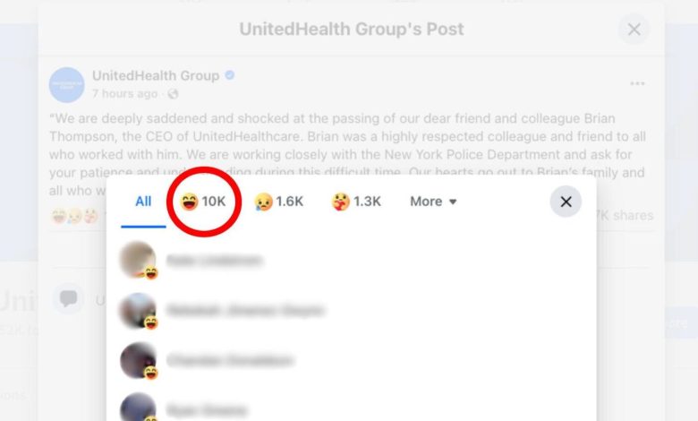 Screenshot showing the laughing emojis on a Facebook post by UnitedHealth about the death Brian Thompson.