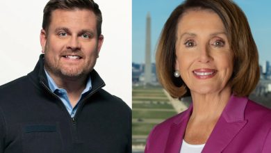 Brian Thompson (left) and Rep. Nancy Pelosi