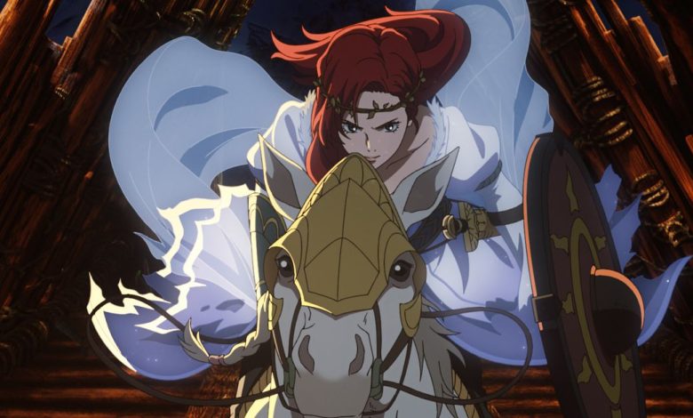 A red-haired woman wearing a wedding dress and a circlet as she charges into battle on the back of a horse.