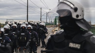 a photo of Serbian police units in riot gear guard the entrance to the Old Sava Bridge in Belgrade on November 20, 2024, during of a protest