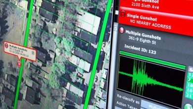 An image of the ShotSpotter software showing the location of an alert on a city map and a sound recording wave.