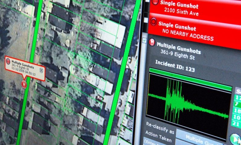 An image of the ShotSpotter software showing the location of an alert on a city map and a sound recording wave.